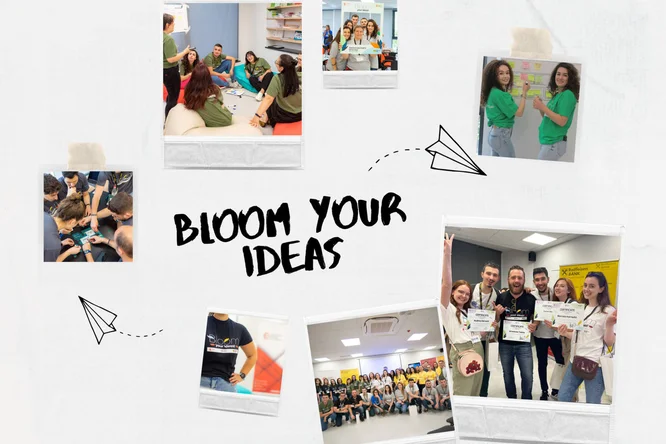 Collage of photos from a creative workshop or event surrounds the central phrase "BLOOM YOUR IDEAS" on a light background. Small groups of young adults collaborate at tables, while other images show participants posing with certificates and smiling for the camera. Hand-drawn paper airplanes and taped photo frames add a playful, informal visual style. The overall mood is energetic, collaborative, and inspirational, emphasizing idea generation and teamwork.