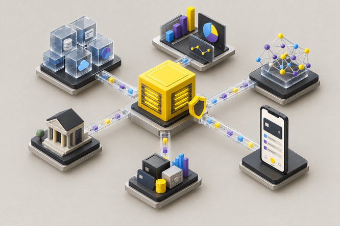 Isometric illustration shows a central yellow data server connected to multiple digital platforms. Surrounding nodes include a bank building, transparent data cubes, analytics charts, a molecular-style network, and a smartphone interface. The elements are linked by glowing data channels carrying colorful blocks, suggesting secure information transfer. The overall palette is neutral gray with bright yellow, blue, and purple accents, conveying a modern fintech and data infrastructure concept.