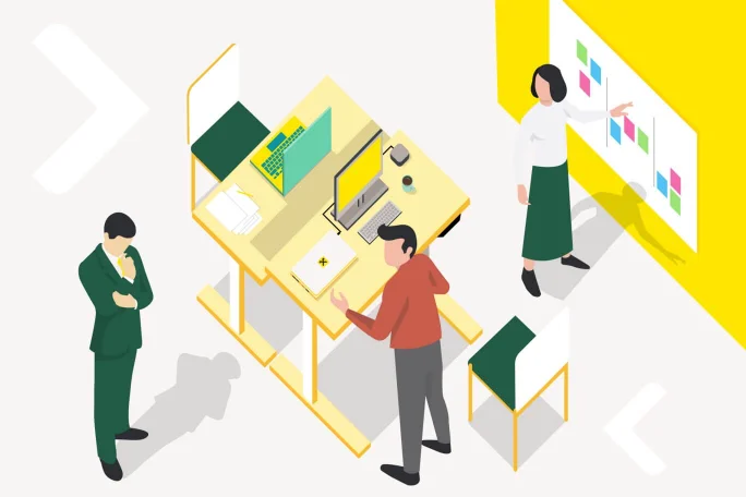 Illustration of three office workers collaborating around a central desk with laptops and documents. One person stands thoughtfully to the side while another reviews materials on the table. A third person interacts with a wall-mounted board displaying colorful charts or sticky notes. The scene uses a bright yellow and green color palette with clean, minimal geometric shapes. Overall, the image conveys teamwork, planning, and modern workplace collaboration.