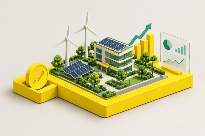 Isometric illustration of a modern eco-friendly building with solar panels and surrounding greenery. Two wind turbines stand beside the structure, emphasizing renewable energy generation. Yellow charts, bars, and an upward arrow suggest positive growth and performance metrics. A circular energy icon and transparent data panel reinforce the theme of clean technology and smart infrastructure.