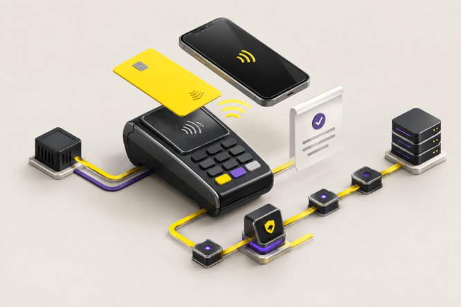 Illustration of a contactless payment terminal connected to a digital network. A yellow card and a smartphone hover above the terminal, showing wireless payment symbols. Nearby, a document with a checkmark and shield icons represent transaction approval and security. Cables and server blocks emphasize data processing and modern fintech infrastructure in a clean, minimal setting.