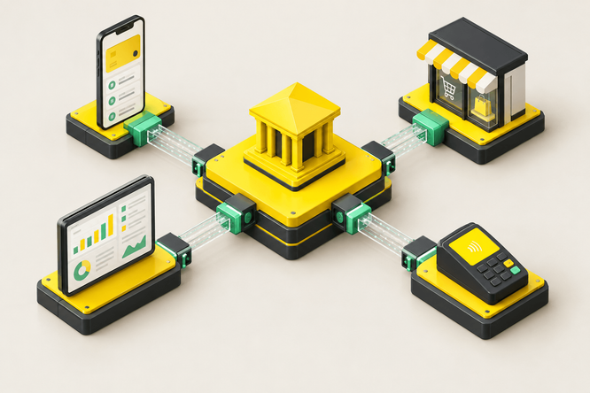 Isometric illustration shows a central bank building icon connected to multiple digital devices. A smartphone, a computer screen with charts, a storefront terminal, and a contactless card reader are linked by glowing data channels. The scene uses a clean yellow, black, and green color palette on a neutral background. It visually represents modern fintech, online payments, and integrated financial services.