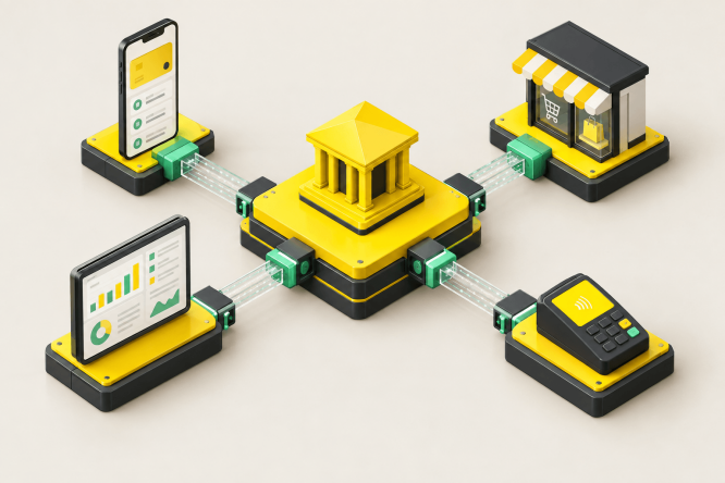 Isometric illustration shows a central bank building icon connected to multiple digital devices. A smartphone, a computer screen with charts, a storefront terminal, and a contactless card reader are linked by glowing data channels. The scene uses a clean yellow, black, and green color palette on a neutral background. It visually represents modern fintech, online payments, and integrated financial services.