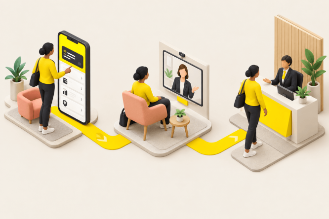 Isometric illustration shows a woman moving through a customer journey from a smartphone app to video chat and then an in-person desk. The scene features a large mobile phone interface, a seated video call with a professional on a screen, and a reception counter with an attendant. Bright yellow pathways connect each step, with modern furniture and potted plants adding visual interest. The overall style is clean, minimal, and business-focused, emphasizing omnichannel customer support.